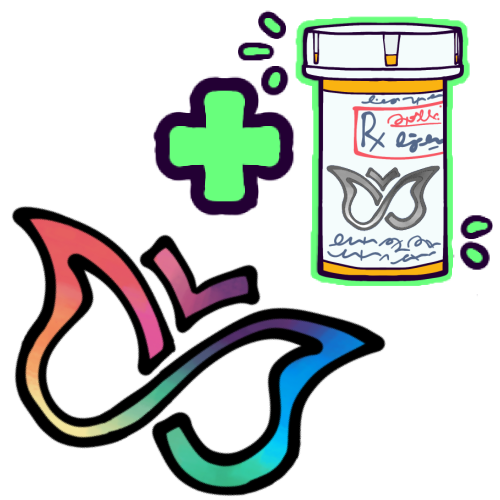 A drawing of the ADHD butterfly symbol with a green plus sign and a bottle of ADHD medication beside it, outlined in green. The ADHD butterfly symbol is a stylized depiction of a butterfly consisting of a pair of wings drawn with a single stroke as to resemble an infinity symbol, and another stroke making up a set of antenna, all colored with a rainbow gradient. The medication bottle is an orange prescription bottle with a white cap, and a label that says “Rx” and has a black and white version of the butterfly symbol on it. 